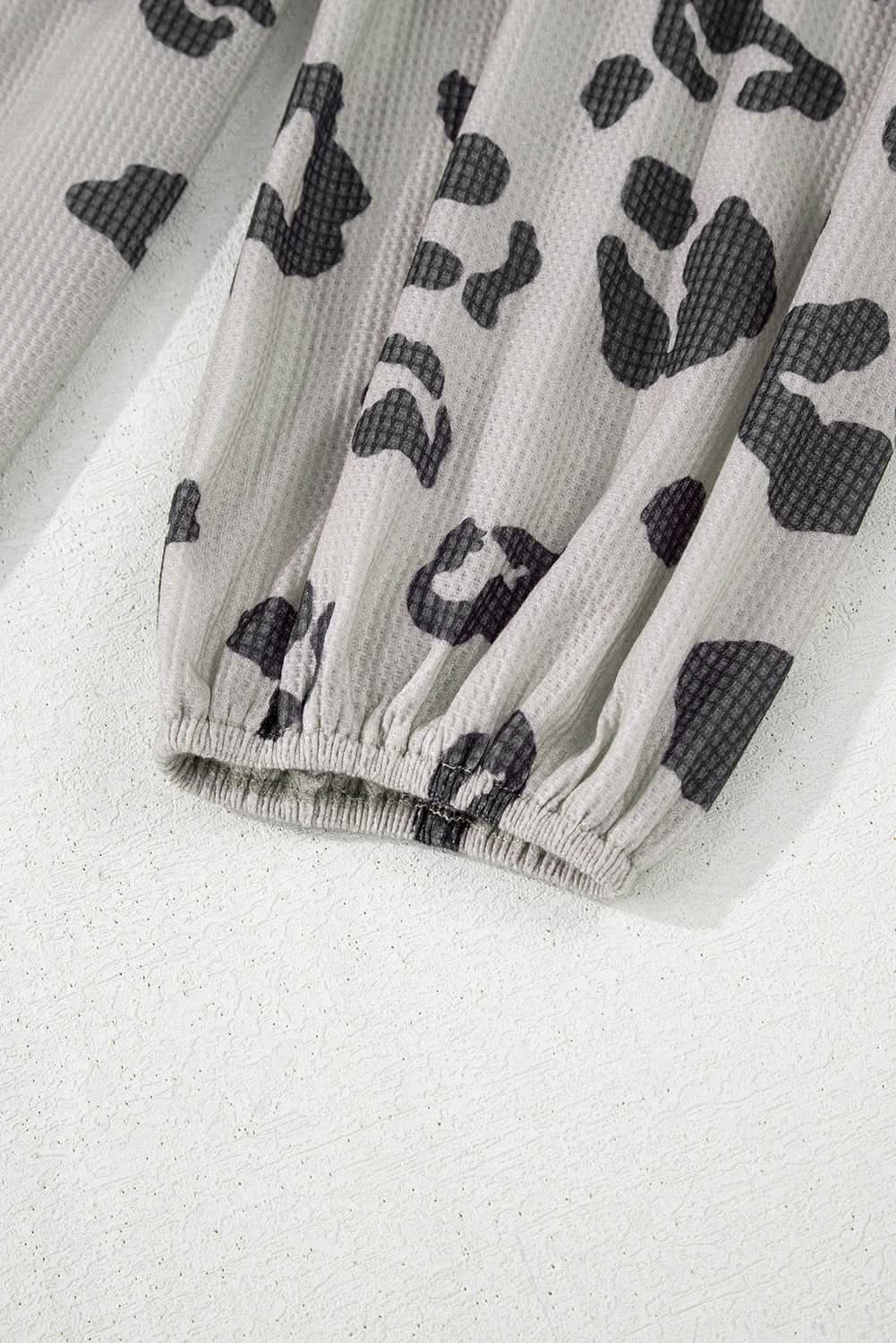 Gray Printed Leopard Balloon Sleeve Thermal Knit Plus Size Top - Love Salve